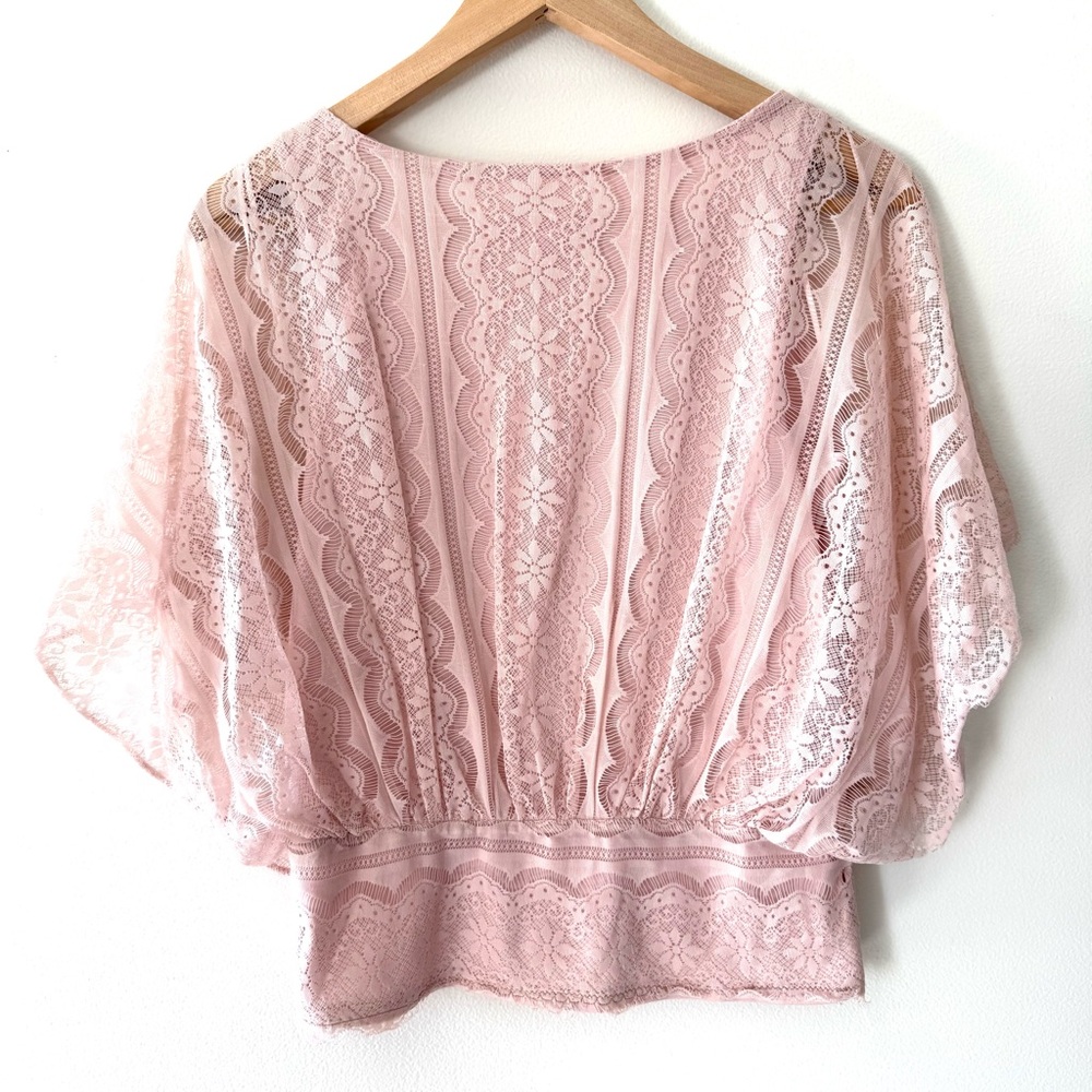 Elle Pink Lace V-Neck Dolman Sleeve Romantic Coquette Boho Balletcore Blouse - Picture 2 of 11